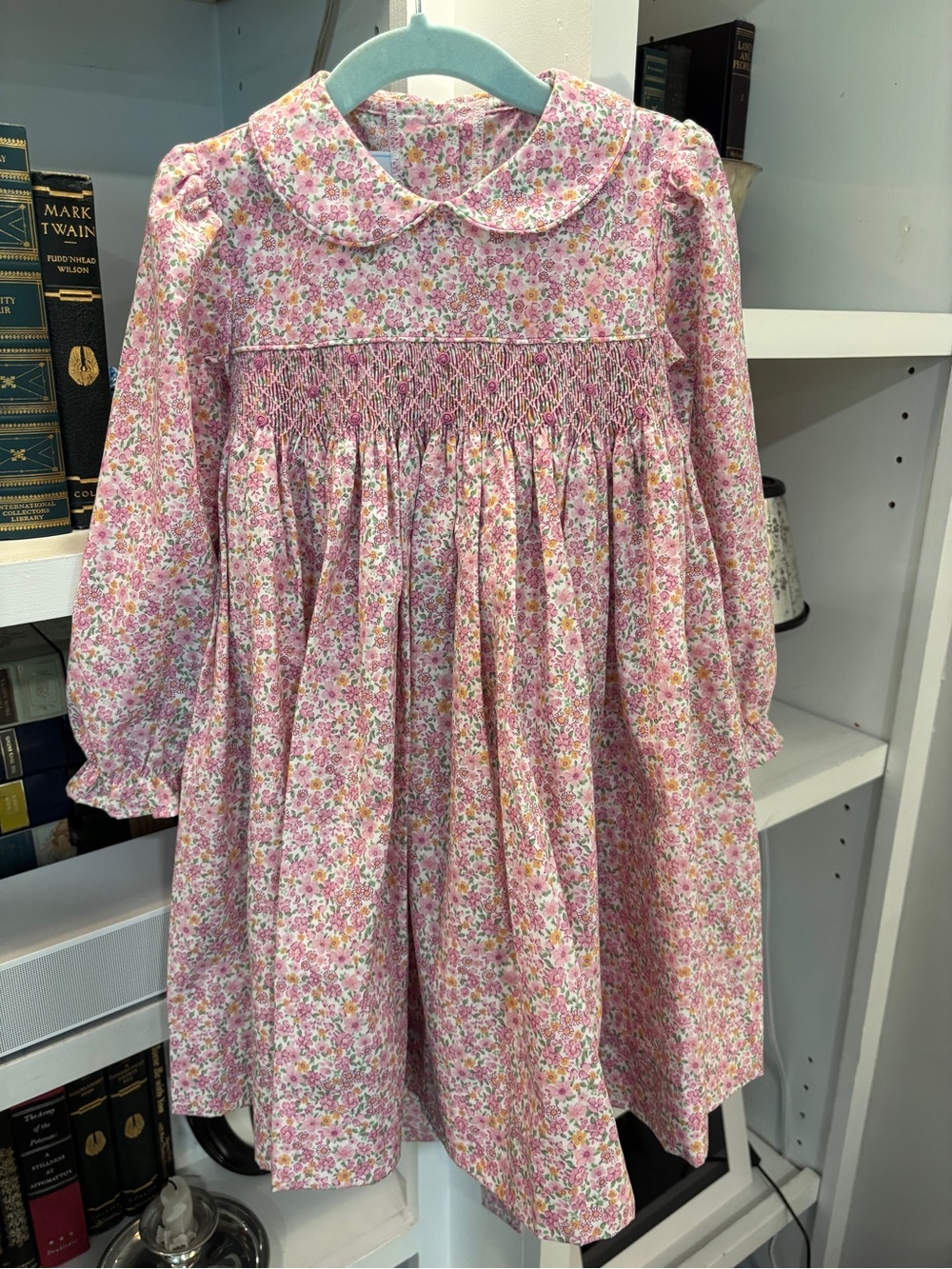 Girls' Pink Floral Smocked Long-Sleeve Dress